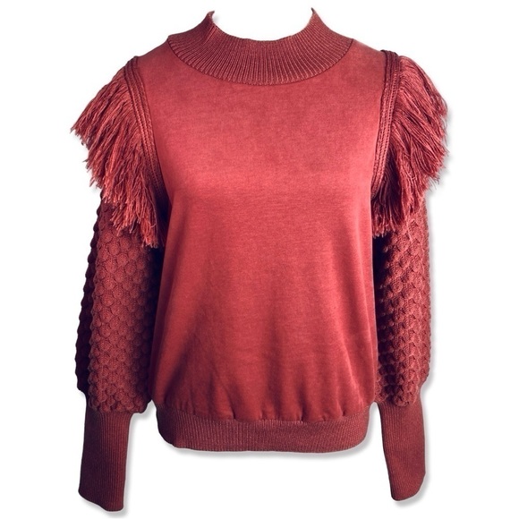 ANTHROPOLOGIE Dolan Statement Rust Knit Fringe Mock Neck Sweater Balloon Sleeve - Picture 2 of 7
